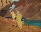 J.E.H. MacDonald, Larches, Mountain Lake by J. E. H. MacDonald, oil on board, sold Jun 2021