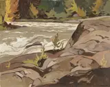 A.J. Casson, Rapids on the Rouge River, Quebec by A. J. Casson, oil on board, sold Jun 2021