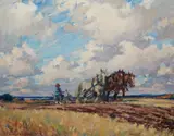 Tilling the Land with a Three-Horse Hitch by Manly MacDonald, oil on canvas, sold Nov 2021