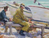 Fishermen Cleaning Catch, Bay of Quinte by Manly MacDonald, oil on board, sold Nov 2021