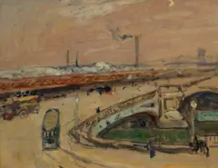 A Bridge in London (ca. 1913-15) by James Wilson Morrice, oil on board, sold Nov 2021