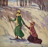Skiers by Regina Seiden, oil on board, sold Jun 2022