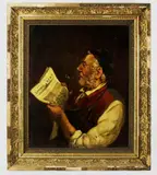 English tradesman with pipe reading London News by Gustave Fack, oil on canvas, sold Aug 2023