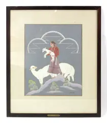 Navajo girl with sheep and clouds by Harrison Begay, mixed media on blue paper, sold Aug 2023