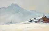 Snowy Landscape with Houses and Distant Mountain Peak by George Jackson Flemwell, gouache on paper, sold May 2022