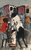 Shanty Town Soweto - Two Boys Searching for Food by Peter Ziya Sibeko, oil and sand on paper, sold May 2022