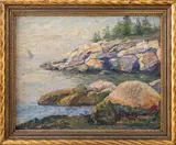 view of the Maine coastline by Henry Eugene Fritz, oil painting on masonite, sold Jun 2023