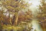 Autumnal woodland river scene by I. Cafieri, oil on canvas, offered Mar 2025