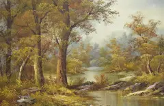Autumnal woodland river scene by C Inness, oil on canvas, offered Mar 2025