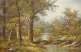Autumnal woodland river scene by C Inness, oil on canvas, offered Mar 2025