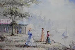 Impressionistic lake shore scene with early 20th century by Guy Pène du Bois, oil on board, offered Mar 2025