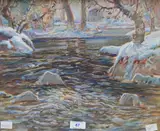 Impressionistic woodland river in by Tom Anderton, watercolour and body, offered Mar 2025