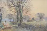 Droving sheep within a rural setting by Henry Charles Fox, 1925, watercolour, offered Mar 2025