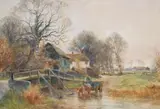 Rural river scene with bridge by Henry Charles Fox, watercolour, offered Mar 2025