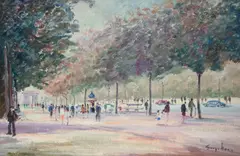 Bustling Parisian street scene with Arc de Triomphe in by George Hann, oil on board, offered Mar 2025