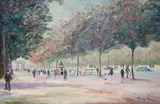 Bustling Parisian street scene with Arc de Triomphe in by George Hann, oil on board, offered Mar 2025