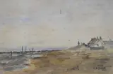 English school watercolour on paper, depicting a seaside scene with houses and pebble beach, within beige mount and decrative gilt frame, under glass by C B Forbes, watercolour on paper, offered Mar 2025