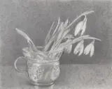 Still life showing vase with snowdrops by Vesela Sultanova 'VesA', pencil on paper, offered Mar 2025