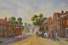 Bygone street scene by E. Marshall, oil on board, offered Mar 2025