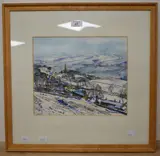 Winter landscape by David E Swithenbank, watercolour, offered Mar 2025