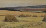 Coastal landscape with agricultural by George M Thraves, watercolour, offered Feb 2025