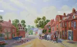Bygone street scene by E. Marshall, oil on board, offered Jan 2025