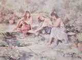 Dreams' depicting three women relaxing seated at the side of a circular pond by Gordon King, pencil, offered Jan 2025
