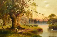 In Burnham Beeches' oil on canvas showing sheep grazing by a river, while a fisherman sits by the riverside and swans glide by on the water by Arthur Wynne, oil on canvas, offered Jan 2025