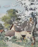 Shows a blossoming tree in the right by John McDougal, watercolour, offered Jan 2025
