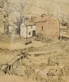 Water Houses by Caroline Ann Metcalfe-Gibson, ink and chalk, offered Jan 2025
