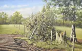 Rural landscape with crows foraging at the corner of by D.L Lawrence, oil on board, offered Dec 2024