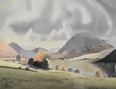 October at Loweswater, a watercolour showing Loweswater and the surrounding fells in autumn by John Birney, watercolour, offered Dec 2024