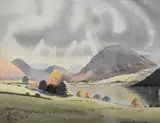 October at Loweswater, a watercolour showing Loweswater and the surrounding fells in autumn by John Birney, watercolour, offered Dec 2024