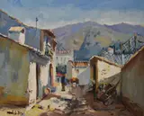Rural village street scene by Pedro Mendola, oil on canvas, offered Nov 2024