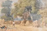 Harvest time with corn stooks by William Hull, 1852, watercolour, offered Nov 2024