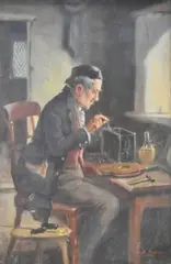 A clock maker seated at his desk by Alexander Austen, oil on canvas, offered Nov 2024