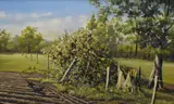 Rural landscape with crows foraging at the corner of by D.L Lawrence, oil on board, offered Nov 2024