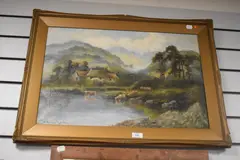 Watering cattle in a Scottish Highland by William Langley, oil on canvas, offered Oct 2024