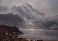 A Scottish Highland landscape with stags by Donald Ayres, oil on canvas, offered Oct 2024