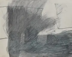 An abstract illustration in blue/white by John Selway, mixed media, offered Oct 2024