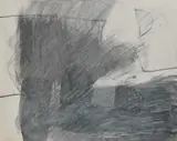 An abstract illustration in blue/white by John Selway, mixed media, offered Oct 2024