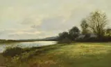 A countryside landscape with farm houses beside a by William Wills, 1909, oil on canvas, offered Oct 2024