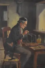 A clock maker seated at his desk by Alexander Austen, oil on canvas, offered Oct 2024
