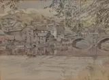 A view of a town and river with stone arched by J. Bateman, watercolor, offered Oct 2024