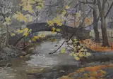A packhorse bridge within an autumnal by Doris May Blacker, watercolour, offered Oct 2024