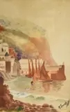 A Continental harbour seascape with masted vessels by F. Gough, watercolour, offered Oct 2024