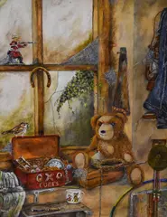 A nostalgic scene depicting a teddy by Kevin Hockaday, acrylic on canvas, offered Oct 2024