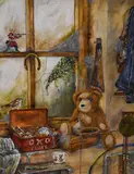 A nostalgic scene depicting a teddy by Kevin Hockaday, acrylic on canvas, offered Oct 2024