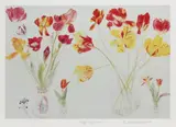 Tulips & Irises signed and titled in pencil giclée print in colours on wove framed ARR Dimensions:image 32.6 x 47.5cm by Elizabeth Blackadder, pencil, sold Feb 2026