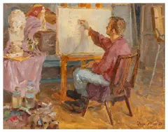 The Artist's Studio signed and dated 'Igor Juk 2000' (lower right) oil on canvas Dimensions:28 x 35.5 cm by Igor Juk, oil on canvas, sold Feb 2026